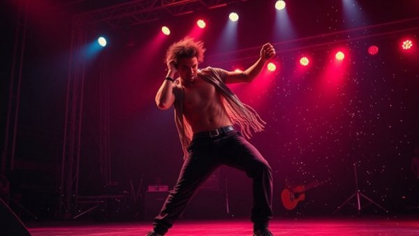 Energetic performer dancing on stage surrounded by shimmering lights.