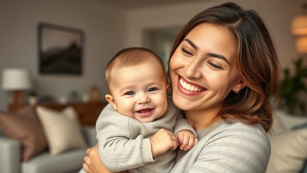 Mother and Baby Cassian smiling in a living room, depicting joy and warmth.