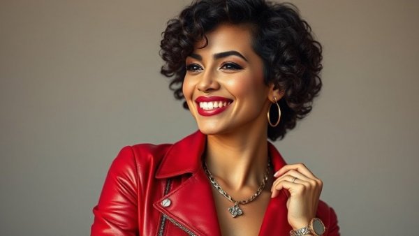 Confident woman showing low-maintenance hairstyle in red jacket.