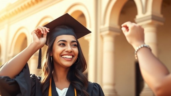 Joyful graduate having her cap adjusted, sunny campus background.