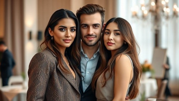 Elegant couple at event showcasing serene support and glamour.