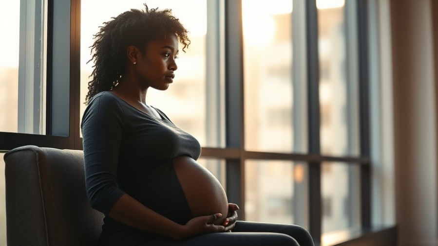 Thoughtful pregnant Black woman reflecting on maternal health and reproductive rights in a bright, modern interior.