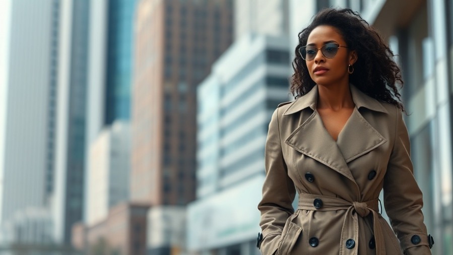 Black woman in a stylish trench coat, showcasing trench coat style tips in an urban setting.