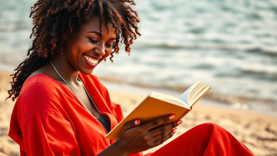 Cheerful black woman in red reading empowering stories from black literature on a sunny beach.