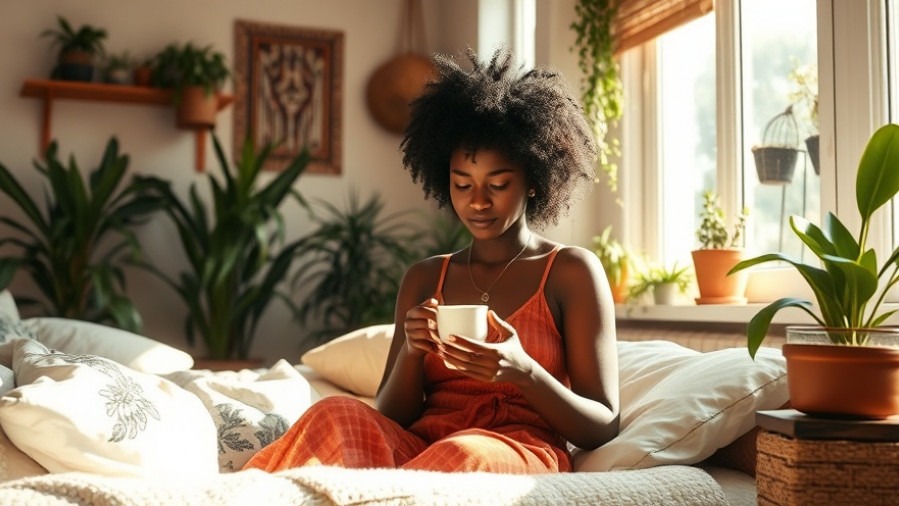 Black woman practicing a morning routine in a cozy bohemian room, emphasizing self-care.