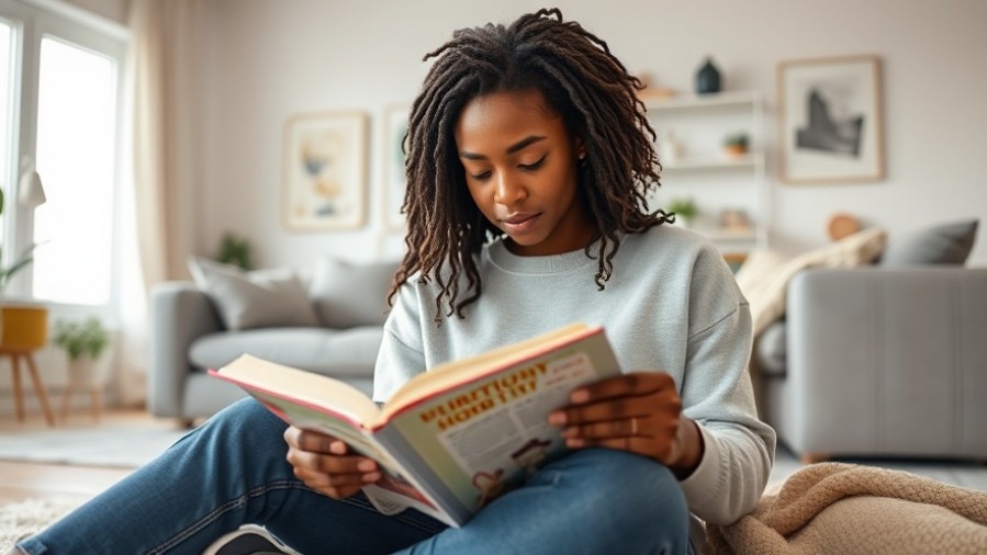 Relaxed young black woman reading about adenomyosis symptoms in a cozy living room.