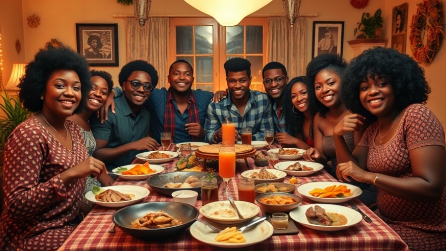 Friendsgiving tips showcased with friends in vintage outfits enjoying a retro meal.