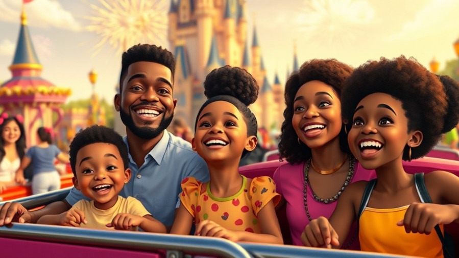 Happy black family enjoying affordable Disney trips with vibrant park backdrop and fun rides.