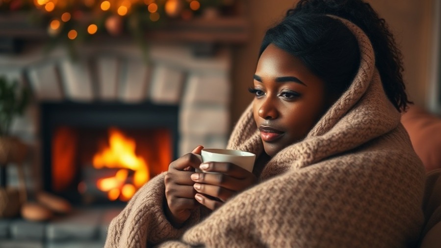 Cozy black woman embracing ease with tea, wrapped in a blanket in a warm, serene living room.