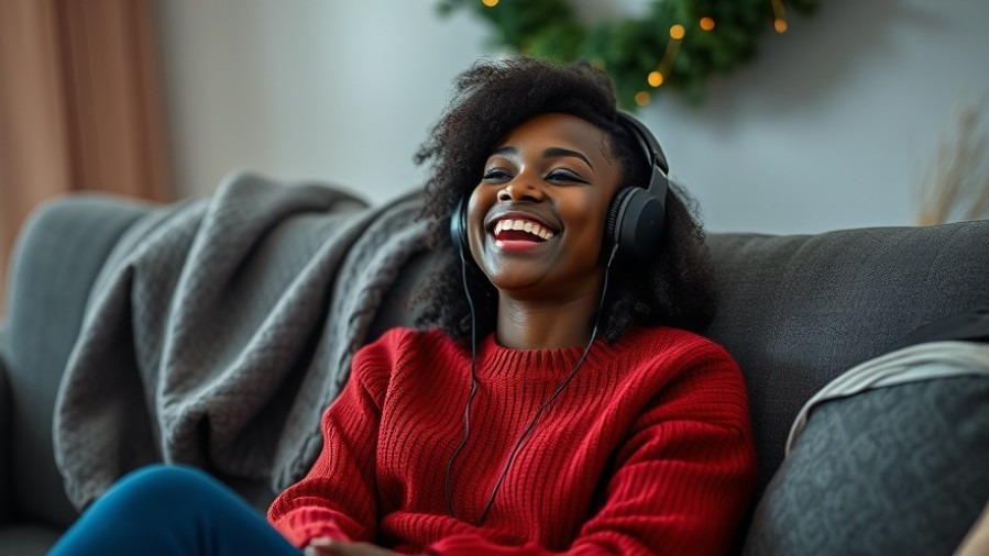 Joyful young black woman enjoying holiday music recommendations on a cozy gray couch.