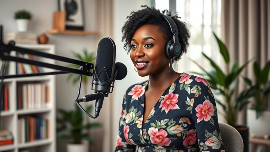 Confident black woman in floral dress discussing mindfulness and productivity in a podcast.