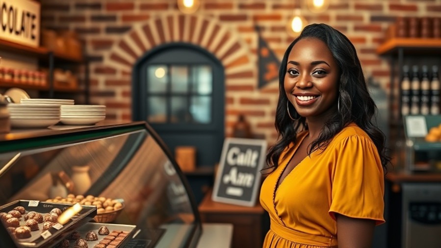 Confident Black woman in a mustard dress at a chocolate shop, supporting a Black-owned business.