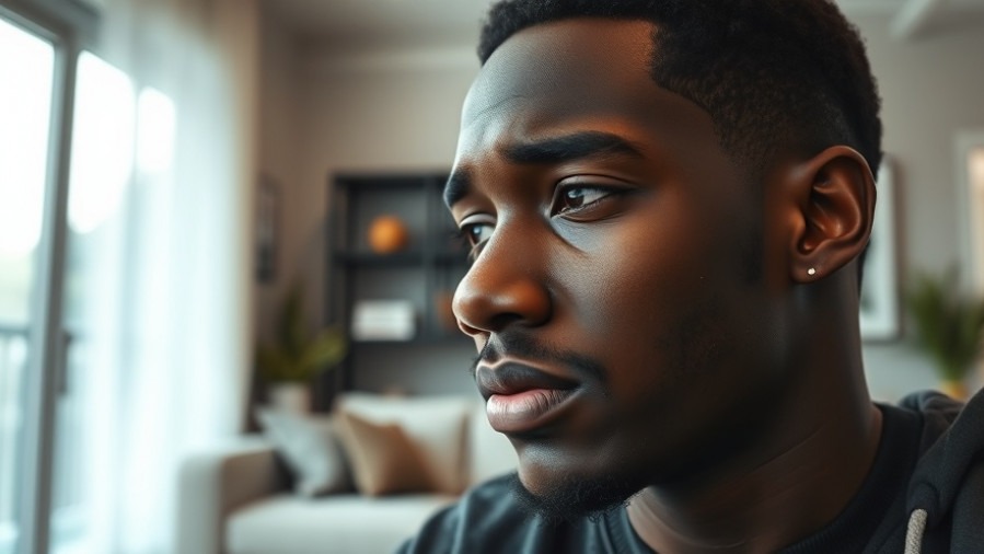 Young black man crying in a warm modern living room, showing emotional openness in relationships.