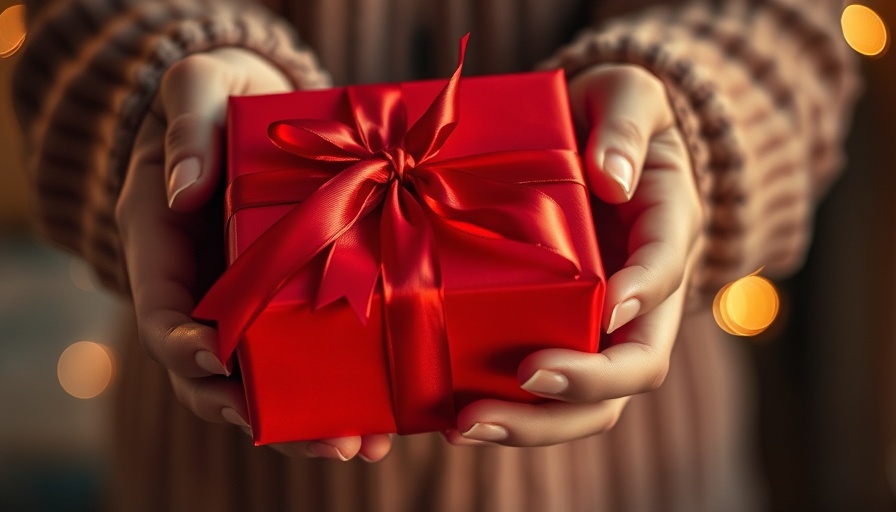 Close-up of hands holding gift box with ribbon, romanticizing everyday life.