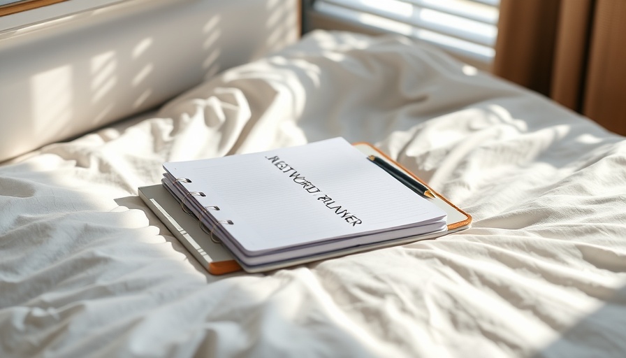 Organized notebooks and planner on a bed with long shadows.