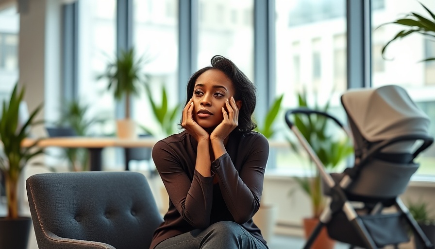 Contemplative black woman in office with baby stroller, natural light.