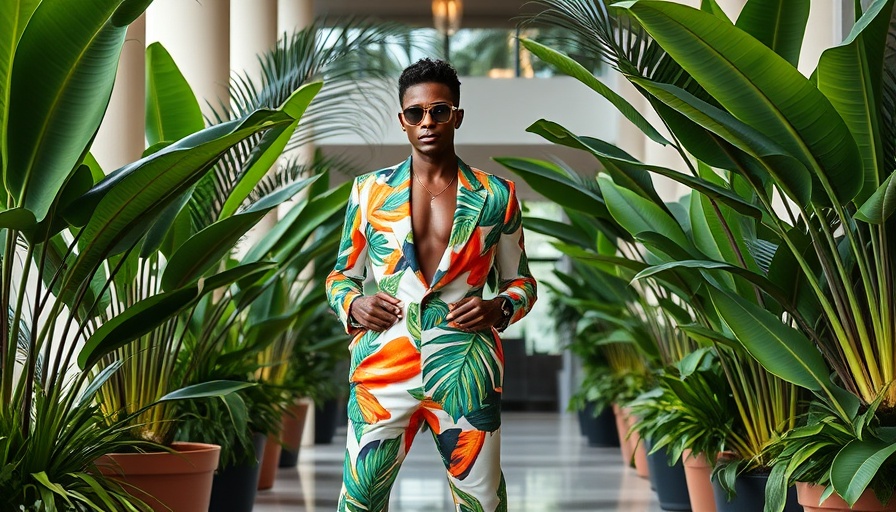 Miami Casual Fashion: Vibrant ensemble in lush tropical setting.