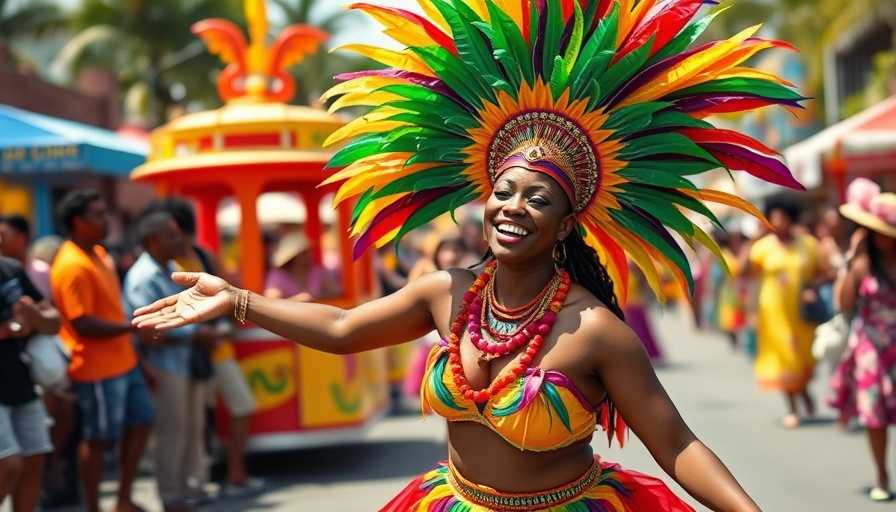 Caribbean festival dancer in vibrant costume at Sugar Mas 2025 parade.