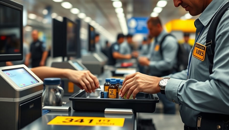 Traveler at airport security with items in tray, TSA ends shoes-off policy.