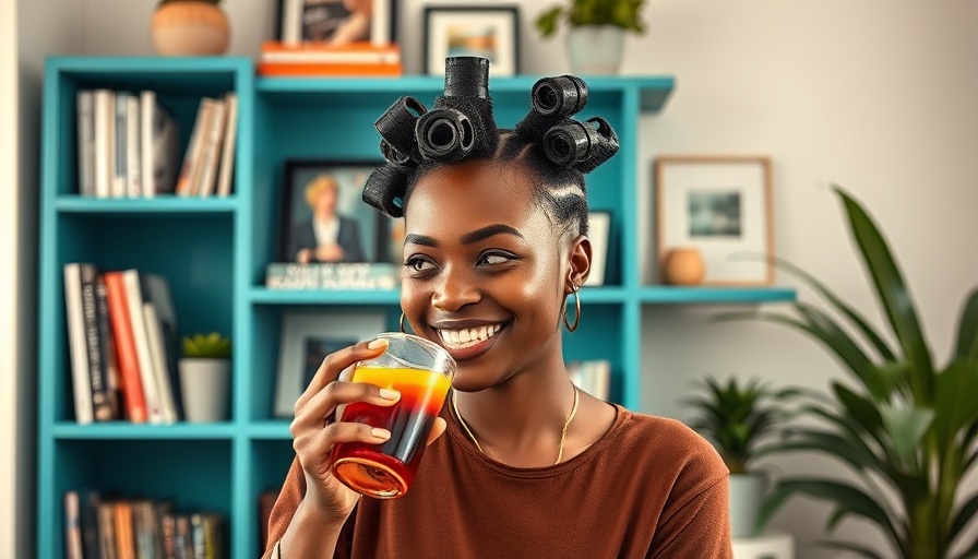 Woman with hair in rollers sipping a drink, promoting roller sets for healthy hair.