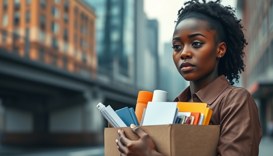 Black woman holding box of office supplies outdoors.