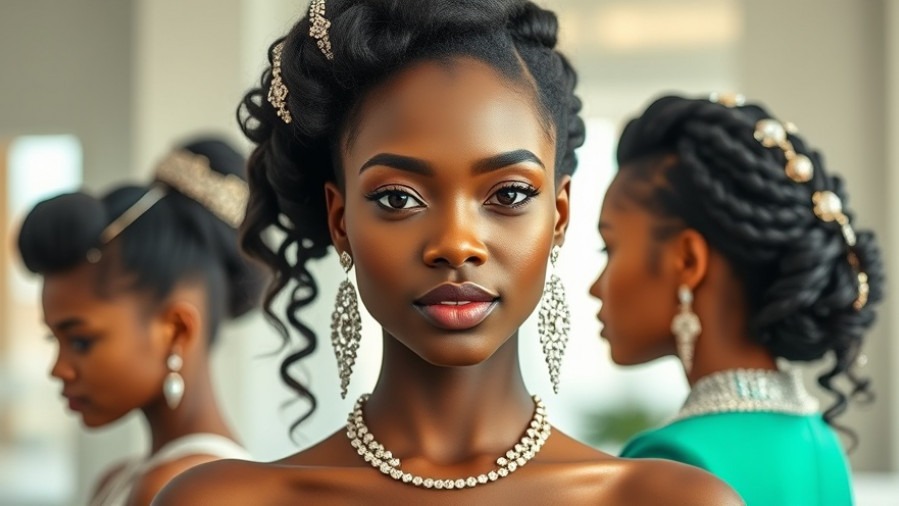 Elegant young black woman with jeweled hairstyles and sparkling hair accessories in vibrant colors.