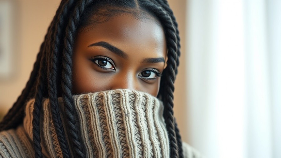 Cozy winter hair care: Light-skinned black woman in a sweater with braided hair.