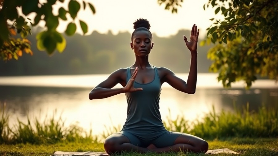 Black female practicing yoga in serene landscape, enhancing energy levels and mindfulness.
