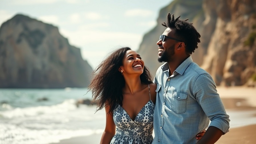 Joyful half-black couple enjoying casual relationships by the scenic beach, capturing summer romance.