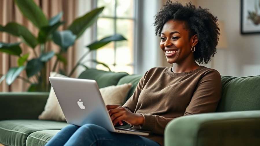 Cheerful black woman on a green sofa using a laptop for AI conversations and personal growth insights.