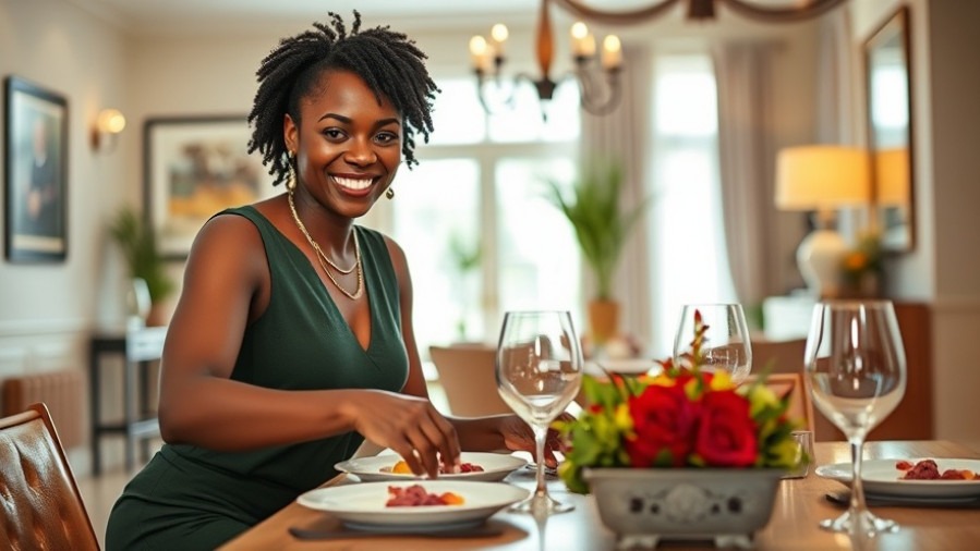 Cheerful black woman embracing a growth mindset while setting a vibrant dining table.