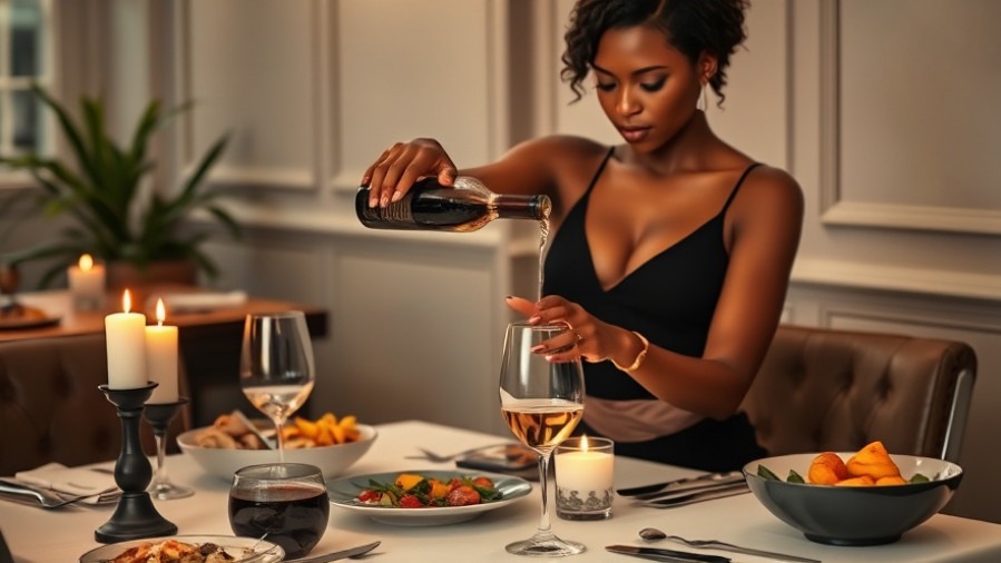 Elegant black woman in a dress pouring wine, perfect for romantic home date ideas.