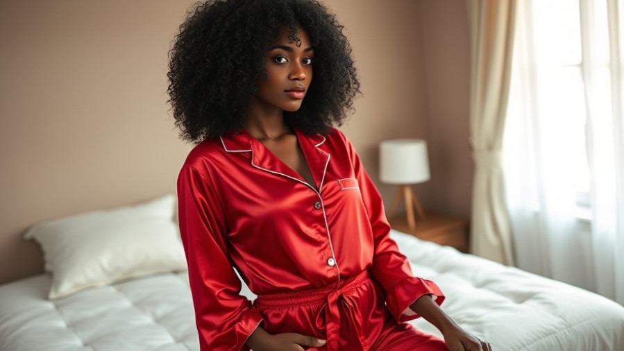 Elegant red satin festive pajamas worn by a Black woman in a cozy bedroom.