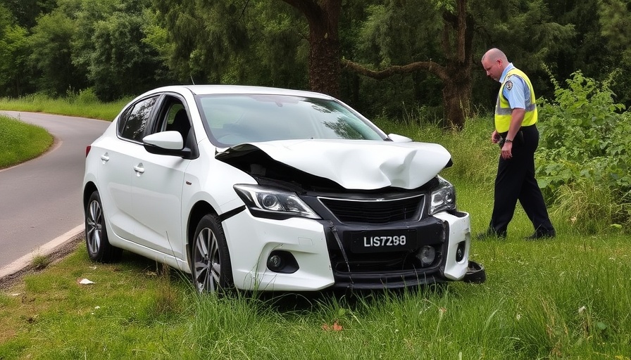 Crashed car in Eagle Springs involving drowsy driving, roadside.