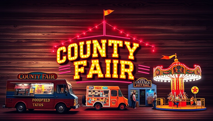 Moore County Agricultural Fair poster with rides and food trucks.