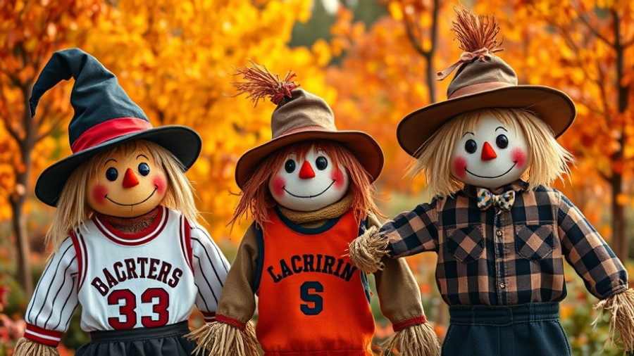 Sandhills Scarecrow Stroll promotional scarecrow display in a vibrant autumn garden.