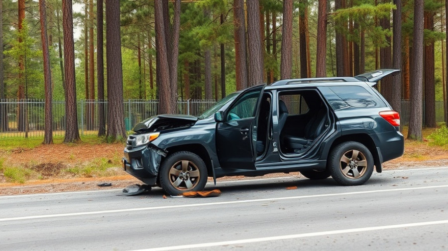 Damaged SUV on roadside near wooded area highlighting road safety in Moore County.