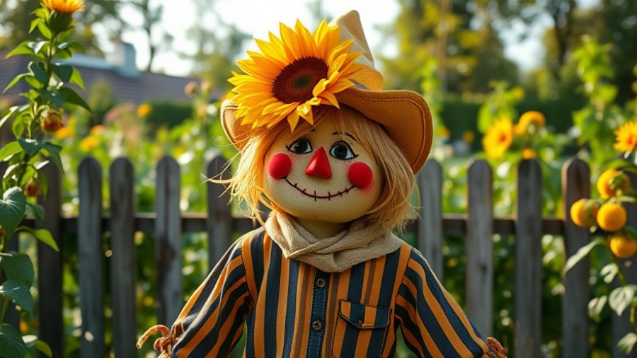 Charming scarecrow in a garden setting on a Club Field Trip.