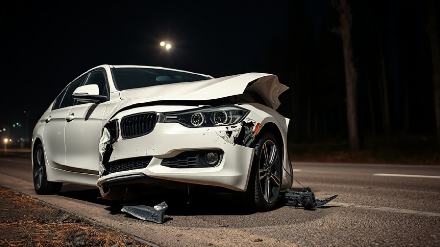 Severely damaged white sedan from U.S. 15-501 traffic accident.