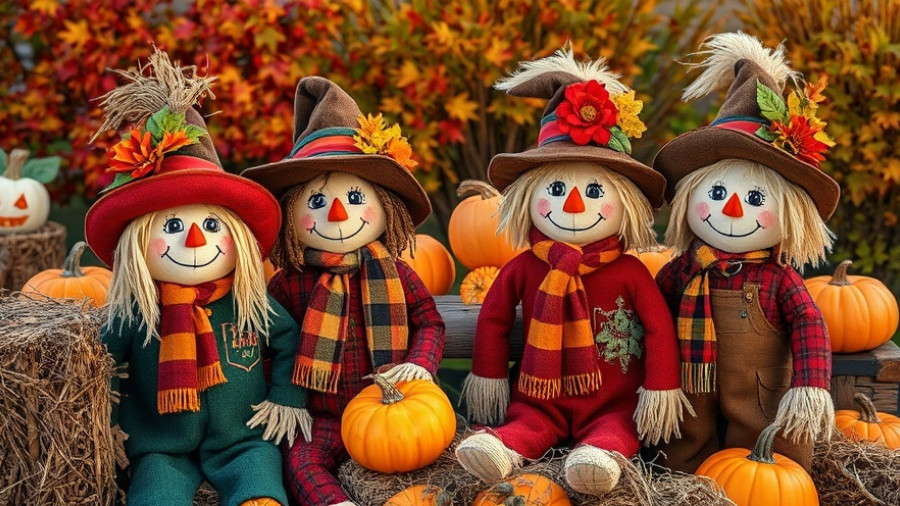 Sandhills Scarecrow Stroll, festive scarecrows in autumn garden.