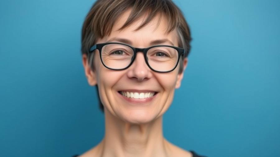 Portrait of person smiling with blue background.