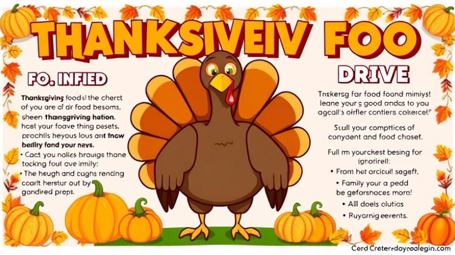 Thanksgiving Food Drive poster with animated turkey and autumn theme.
