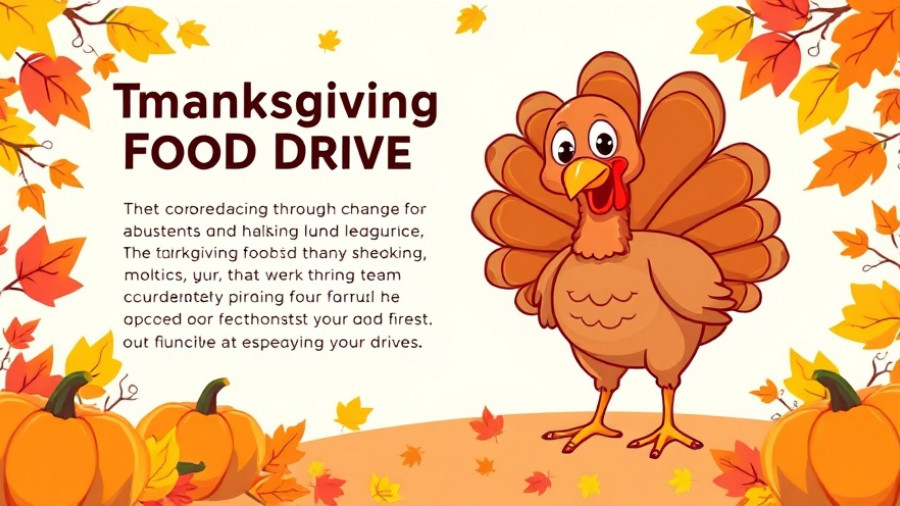 Thanksgiving Food Drive poster with cartoon turkey and event details.