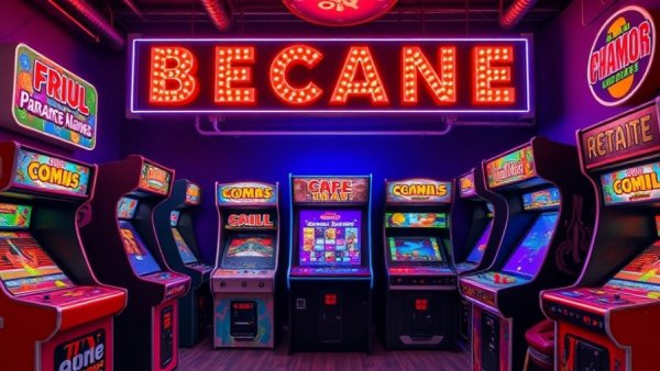 Vibrant retro arcade game day with classic game cabinets.