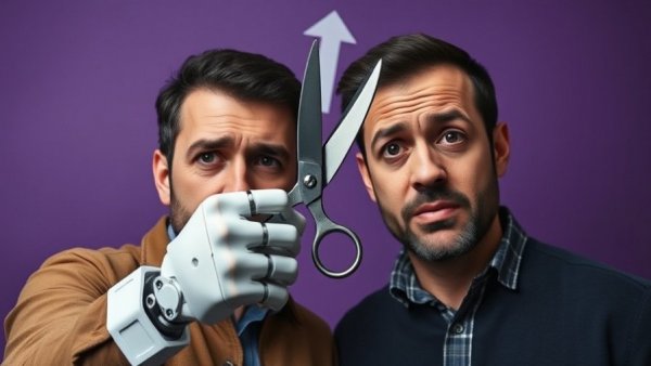 AI job losses impact shown through worried men and robot hand.