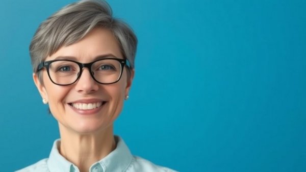 Woman smiling with glasses against a blue backdrop