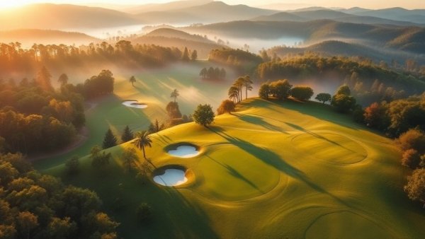 Upgrades in Moore County Golf Courses: aerial view at sunrise, forest backdrop.
