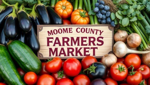Moore County Farmers Market sign with fresh vegetables.