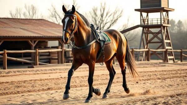 Standardbred horse in training at Pinehurst on a sandy track.