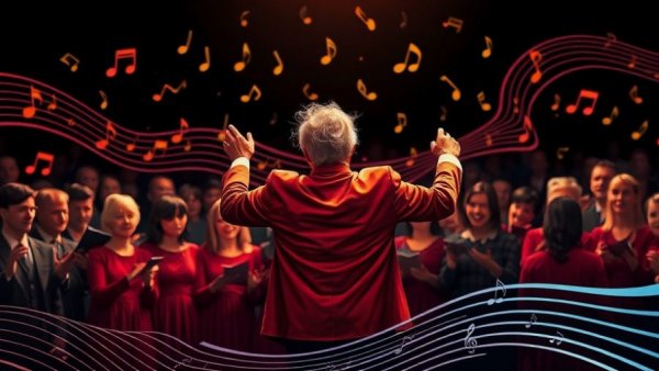 Moore County Coral Society Music conductor illustration with choir and notes.